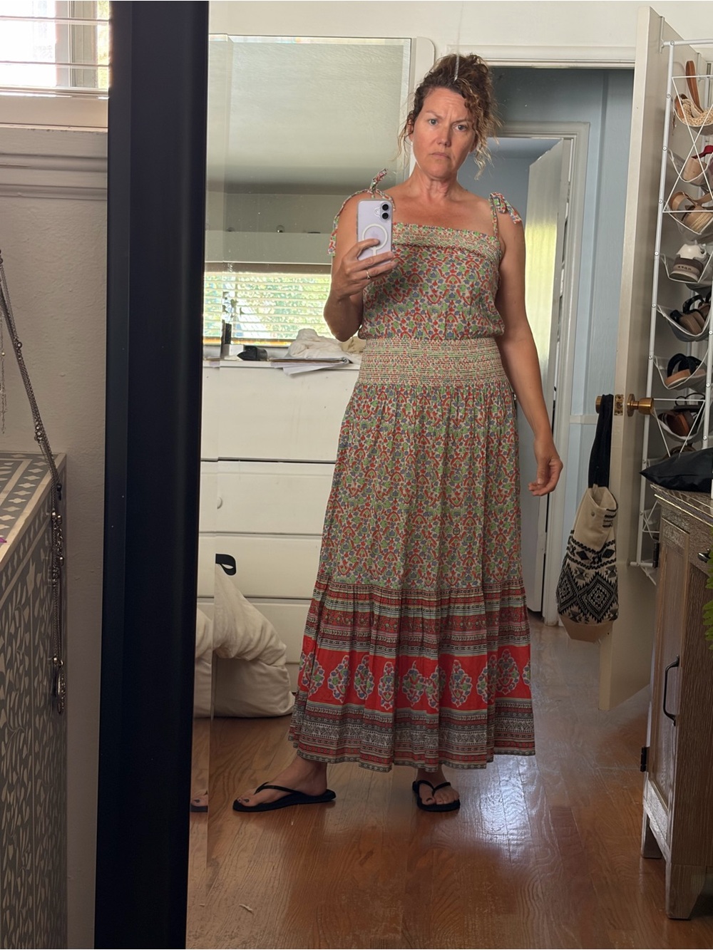 Tory Burch Smocked Maxi Dress in Green and Coral Accents